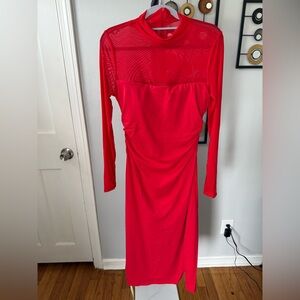 HALARA Red Long Sleeve Sheer-Yoke Sheath Dress